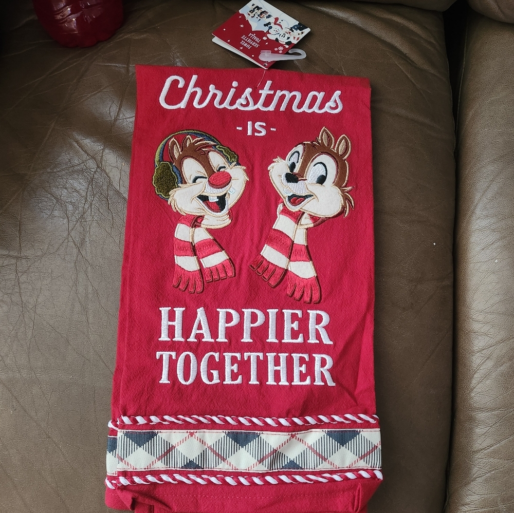 Disney Parks Christmas Holiday Chip & Dale Happier Together Kitchen Dish Towel